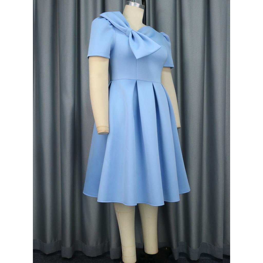 Fashion Women Elegant Short Sleeves Bow Pleat Bride Bridesmaids Wedding Midi Long Dress Party Gowns