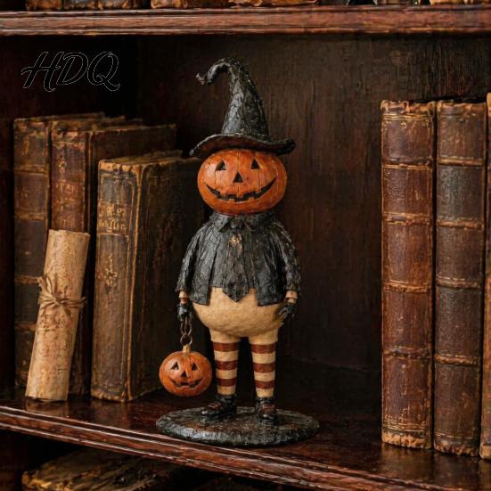 Осенний домашний орнамент, фигурка тыквы-ведьмы, жуткая статуэтка на Хэллоуин с фонарем, светодиодная ночная лампа, винтажная готическая смола для настольной установки