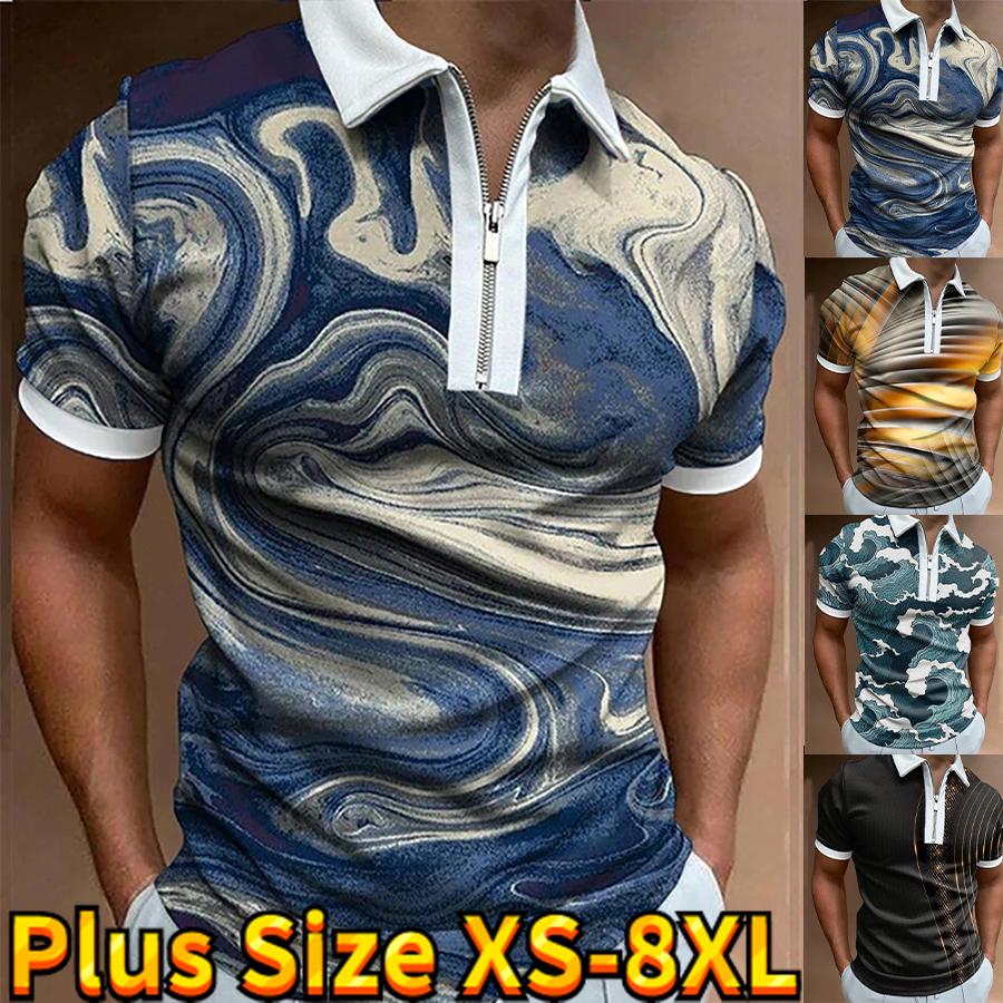 Casual Lapel T-shirt Young Men's Fashion Zipper T-shirt Short Sleeve T-shirt Men's 3D Sea Wave Print T Shirt