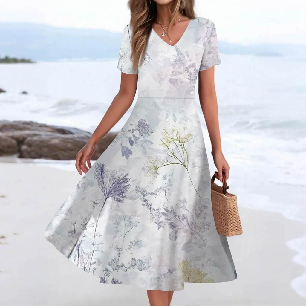 Женское летнее повседневное модное платье с принтом и карманом, коротким рукавом и V-образным вырезом