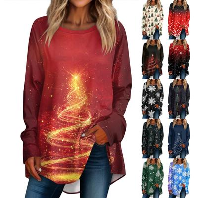 Женская мода повседневная футболка с круглым вырезом и рождественским принтом на плечах с длинными рукавами