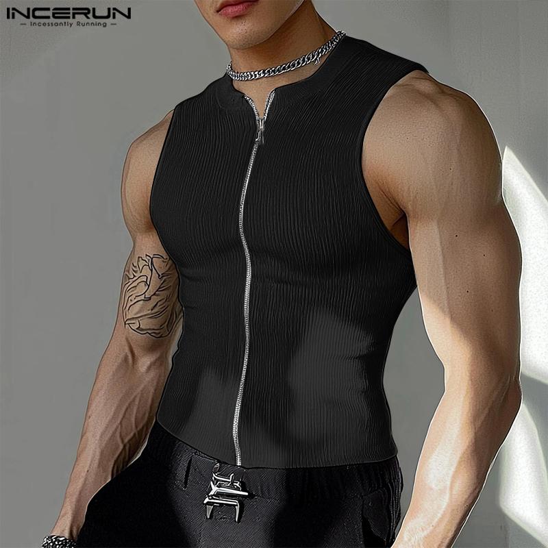 INCERUN Men Summer Sleeveless Rib Zipper Casual Skinny Tank Tops