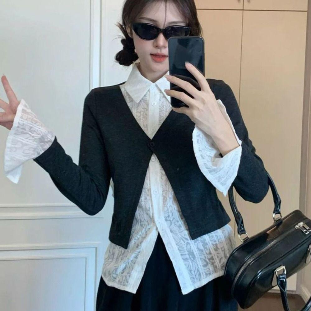 Flip Collar False Two-piece Top Korean Style Lace Long Sleeved Knitwear Knitted Top Women Party