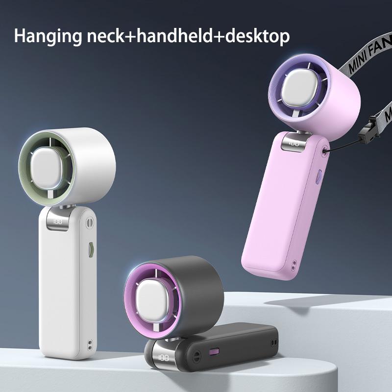 Portable Handheld Fan, USB Rechargeable Digital Display Fan, Foldable Desktop Fan, Cooling & Ice Compress Hanging Neck Fan with Lanyard