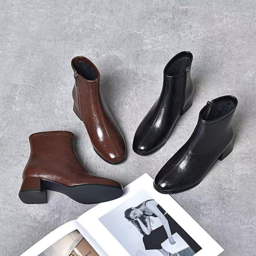 Женские ботильоны на толстом каблуке: 2025 Ретро Средний каблук, Универсальная текстура ручки, Теплая и удобная кожа для осени/зимы.