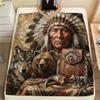 1Pc Indian Chief Painting Print Flannel Blanket High Quality Warm Comfortable Cover for All Seasons Perfect for Gifts Home Decor