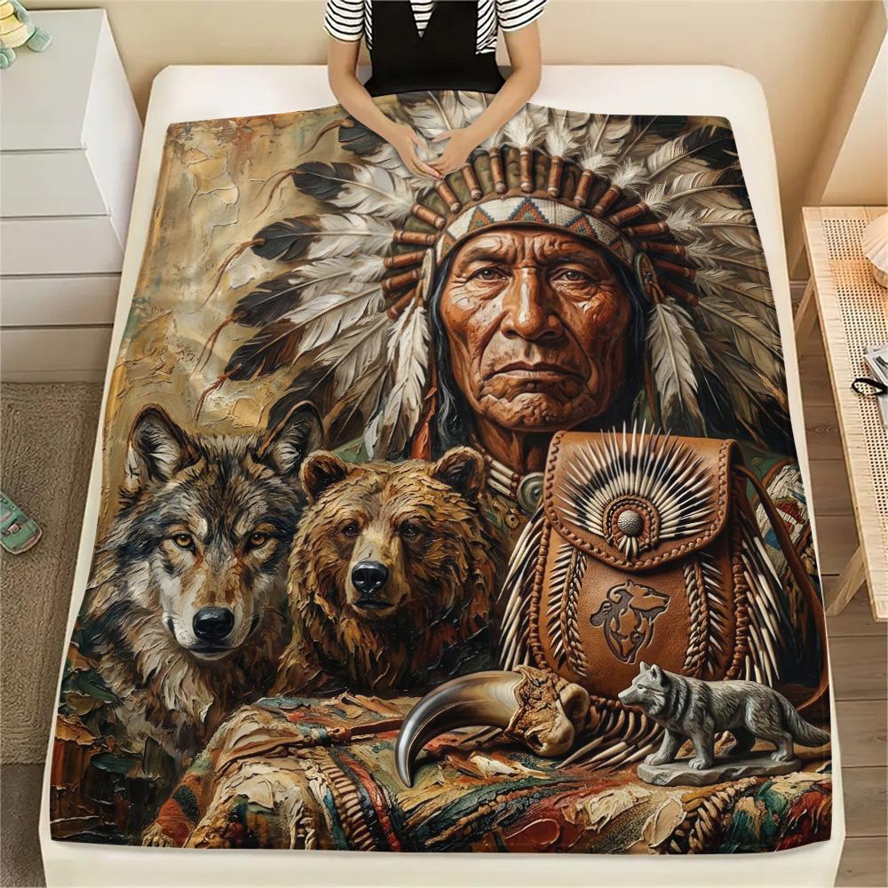 1Pc Indian Chief Painting Print Flannel Blanket High Quality Warm Comfortable Cover for All Seasons Perfect for Gifts Home Decor
