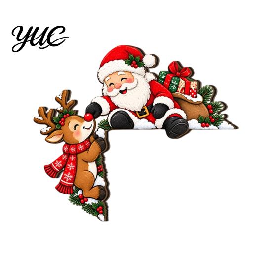 Santa Claus Reindeer Snowman Decor Wooden Christmas Door Topper, 2D Flat Elk Cat DIY Winter Holiday Wall Art Frame Corner Sign, Funny Ornament
