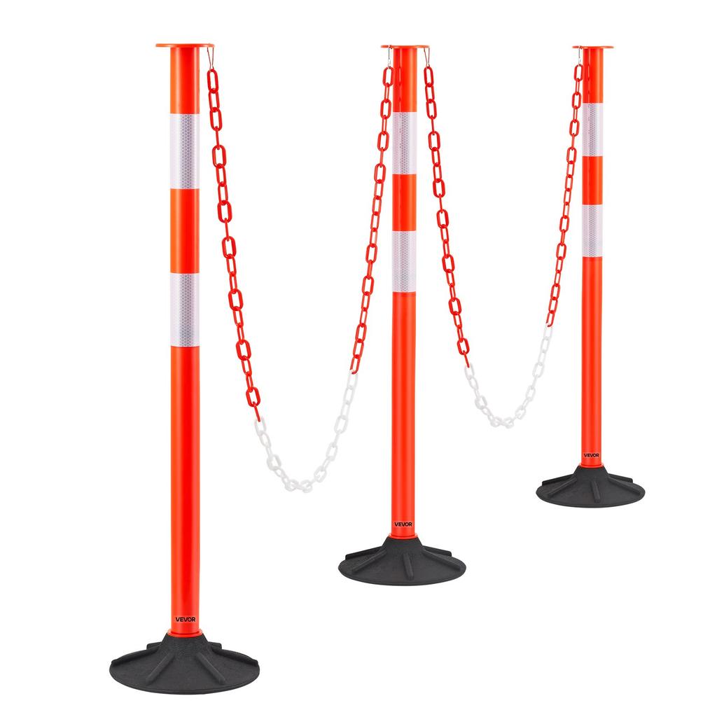 VEVOR 3 Pack Traffic Delineator Posts, 871 mm Traffic Safety Cones with Weighted Base, Reflective Strips and Chain