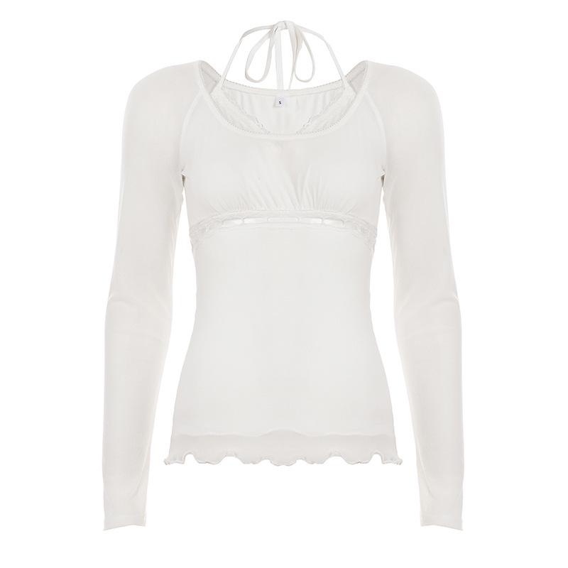 Стильный женский белый комплект из двух предметов с сетчатыми вставками, пэчворком и отделкой воланами, с прозрачным топом с длинным рукавом