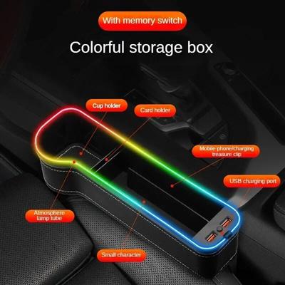 Автомобильный ящик для хранения щелей с 2 USB-зарядными устройствами, цветной светодиодный карманный органайзер для сидений, держатель для бутылок и чашек для карточек, телефонов