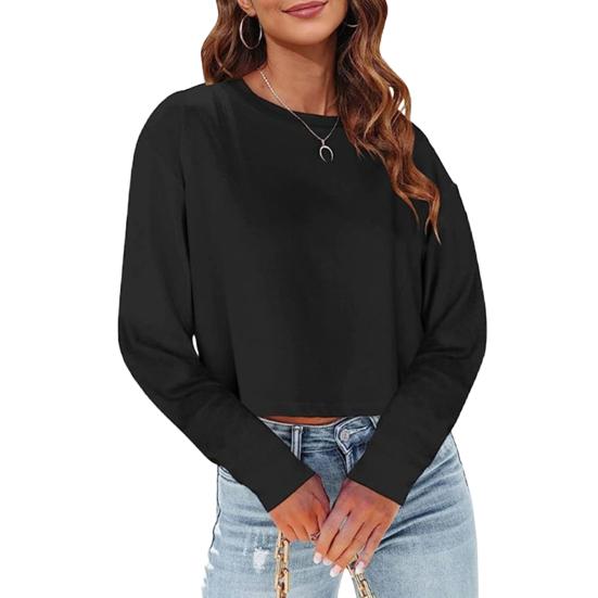 Женские топы с круглым вырезом и длинными рукавами, однотонные свободные укороченные топы для повседневной носки