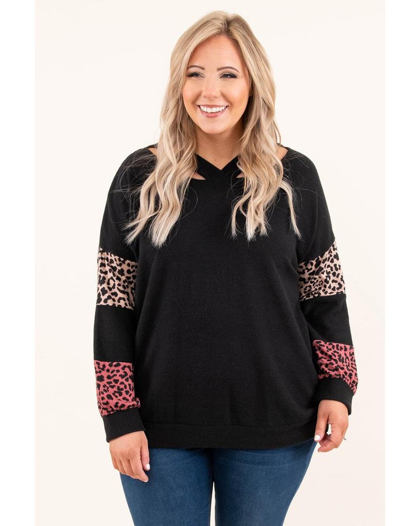 Azura Exchange Black Plus Size Leopard Patchwork Strappy Neck Top