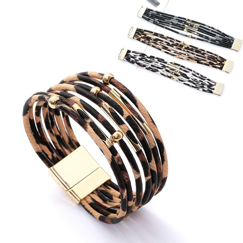 Multilayer Leopard Leather Bangle Jewelry Accessories Wide Wristband  Daily Wear