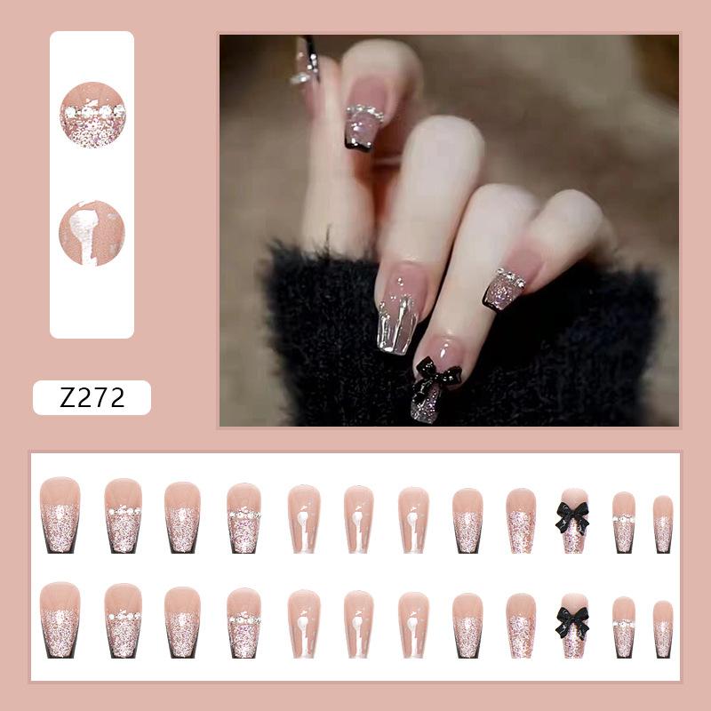 24Pcs Frosted Smoky Black Ripple Fake Nails Full Coverage Removable Press On Nails Finished Nail Stickers