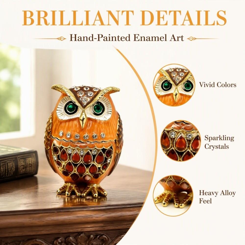 Sparkling Rhinestone Owl Trinket Box Enameled Finish Owl Keepsake Box For Necklace