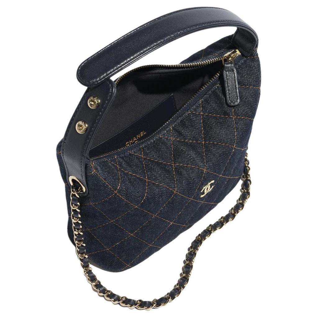 Chanel Женская сумка на одно плечо Gold Label Double C Logo из стеганого джинсового материала с золотым металлическим покрытием, темно-синего и оранжевого цвета, 26 пенсов.