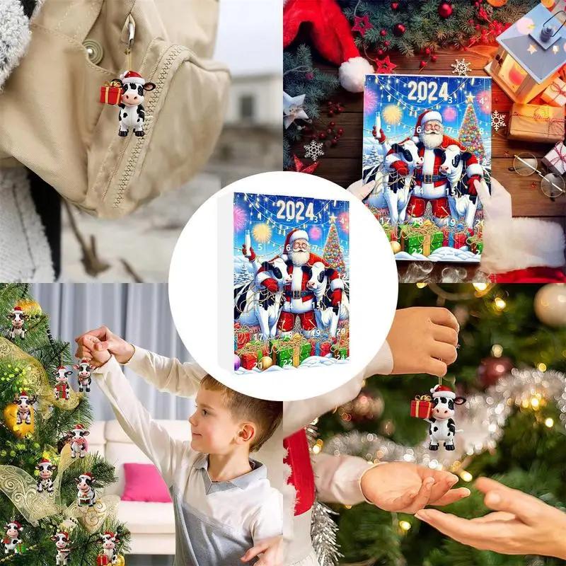 Рождественский адвент-календарь 2024 года «Корова в шапках Санты», 24-дневный рождественский адвент-календарь, 2D-украшение рождественской елки в виде коровы из Хайленда