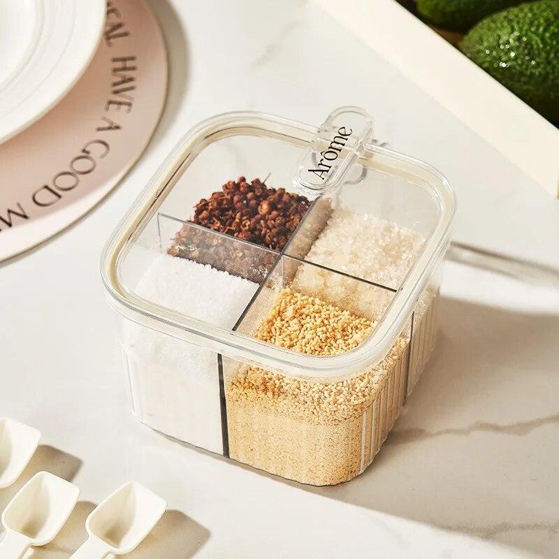 Kitchen Seasoning Box Sealed Moisture-proof Tape Seasoning Box with Four Compartments Press Type Seasoning Tank