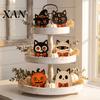 Vintage Style Halloween Ornaments Wooden Decor, Cat Mummy Skeleton Figurines, Spooky Party Supplies Fall Farmhouse Tabletop Centerpiece for