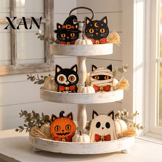 Vintage Style Halloween Ornaments Wooden Decor, Cat Mummy Skeleton Figurines, Spooky Party Supplies Fall Farmhouse Tabletop Centerpiece for