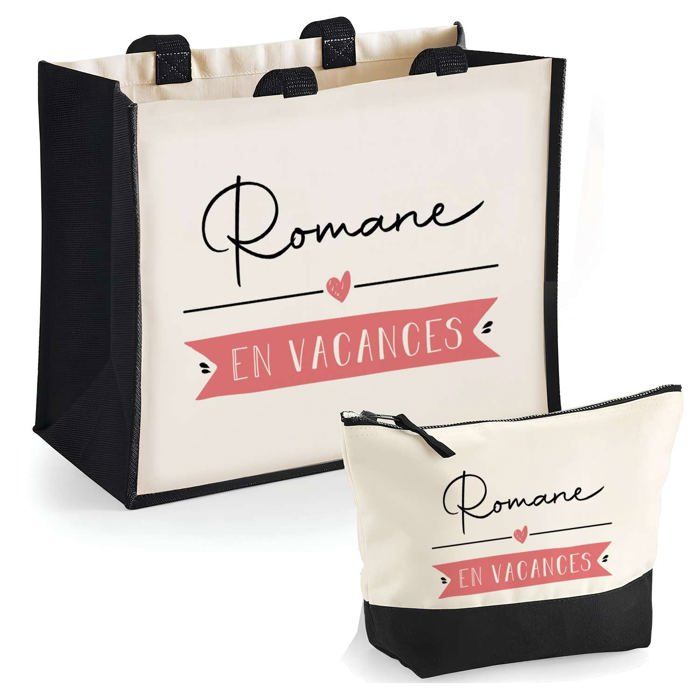 Coffret - PLANETEE - Romane en Vacances - Sac cabas jute & trousse - Personnalisé prénom - Fabriqué en France