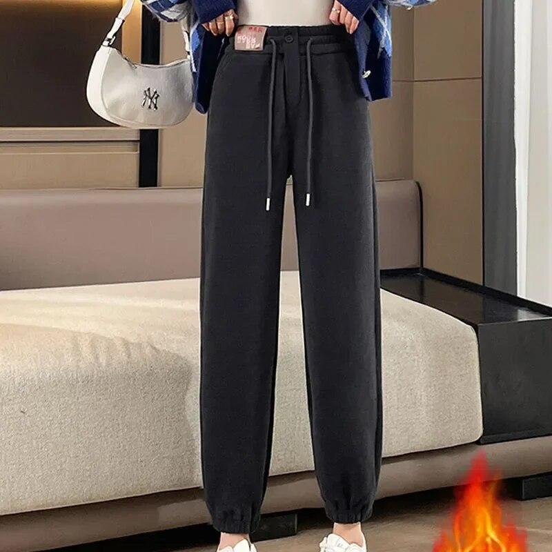 Зимние модные бархатные теплые свободные прямые брюки для женщин, офисные женские леггинсы с высокой талией, утепленные однотонные брюки 29584