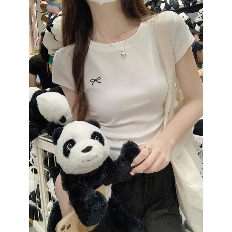 White Pleated Waist Pure Desire Short-sleeved Summer Bow Embroidered Shoulder T-shirt Women's Slim Short Small Flying Sleeve Top
