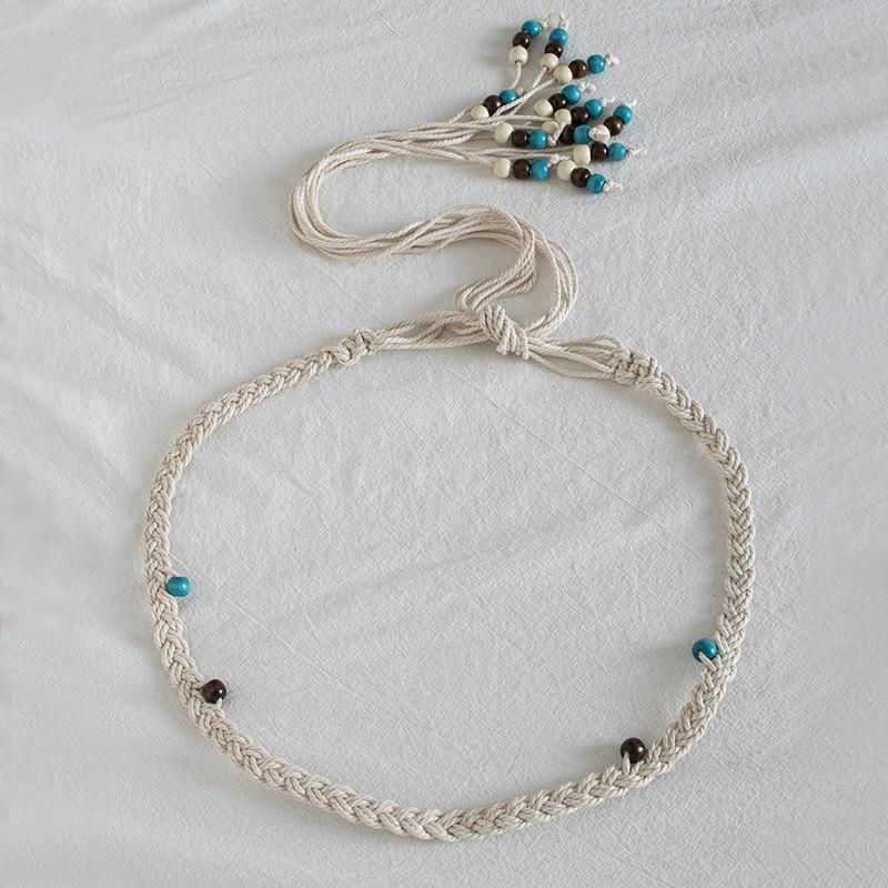 Бохо Стиль Вощеная Веревка Плетение Узлами Этнический Стиль Ручная Работа Деревянные Бусины Женский Пояс Повседневный Стиль для Отпуска Изысканная Поясная Веревка