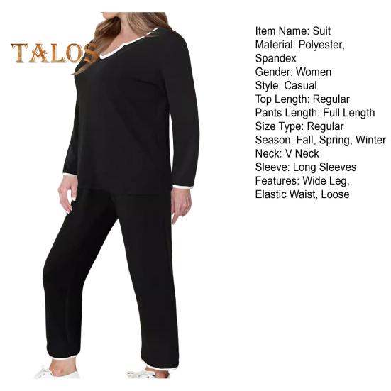 2 шт./комплект женский топ брюки комплект V-образный вырез длинный рукав толстовка эластичный пояс широкие спортивные штаны спортивный наряд осенний повседневный спортивный костюм