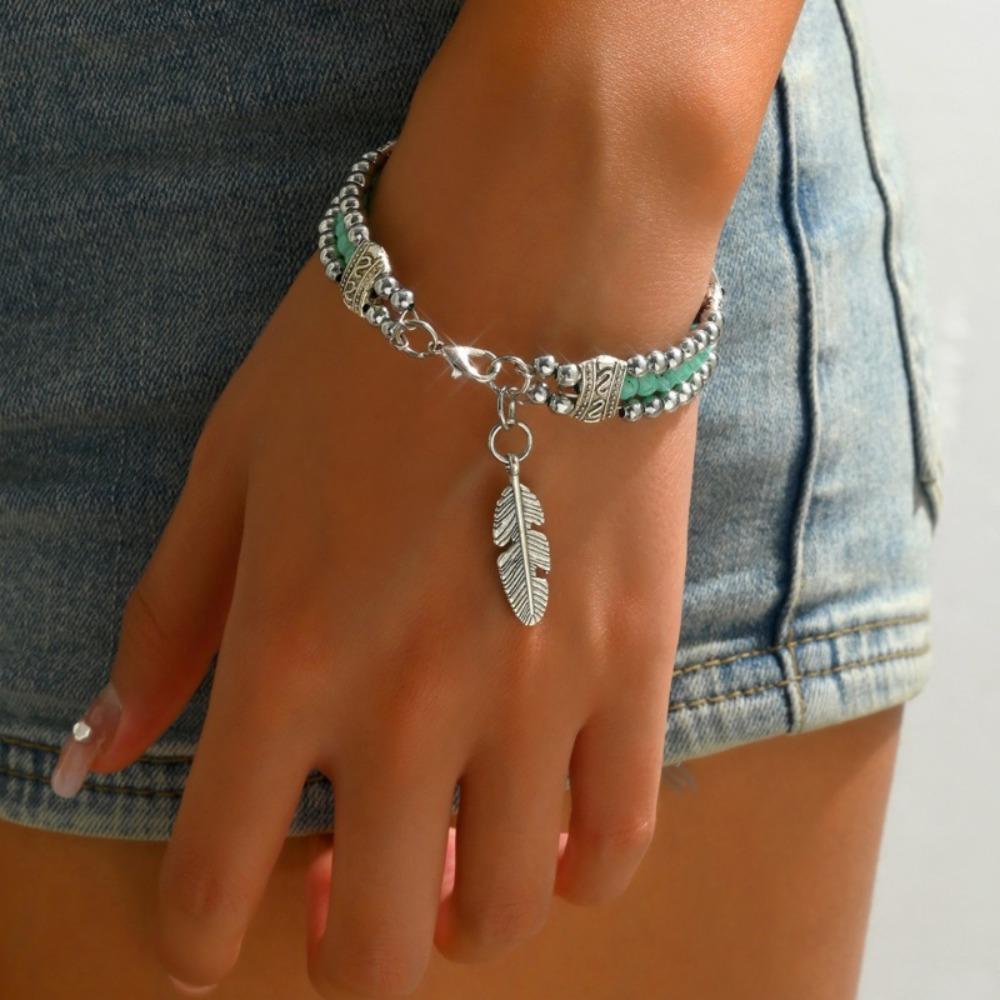 1 шт. Ретро-браслет с ажурным узором, этнический бирюзовый браслет с листьями - классический дизайн для повседневной и праздничной одежды, элегантный