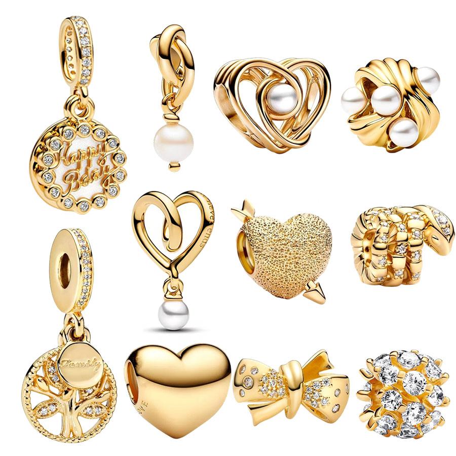 NEW DIY Gold Plated Pearl Eternity Circle Cupid Heart Family Tree Dangle Charm Beads for Original Silver Bracelet Jewelry