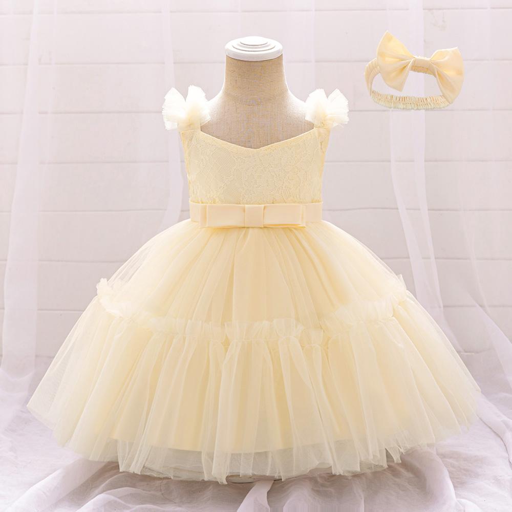 Toddler 1st Birthday Baby Girl Flower Princess Dress Elegant Lace Bow Party Prom Dresses For Kids Pink Wedding Bridemaid Costume