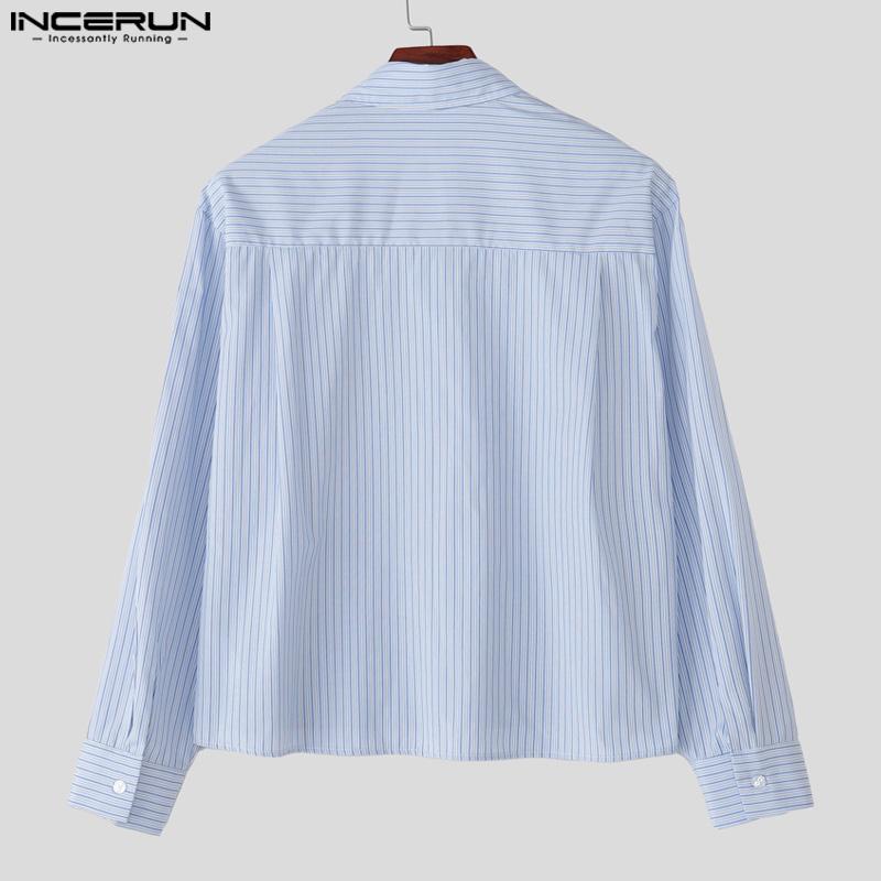INCERUN S-XXXXXL Men Lapel Neck Long Sleeve Striped Casual Loose Shirts Tops