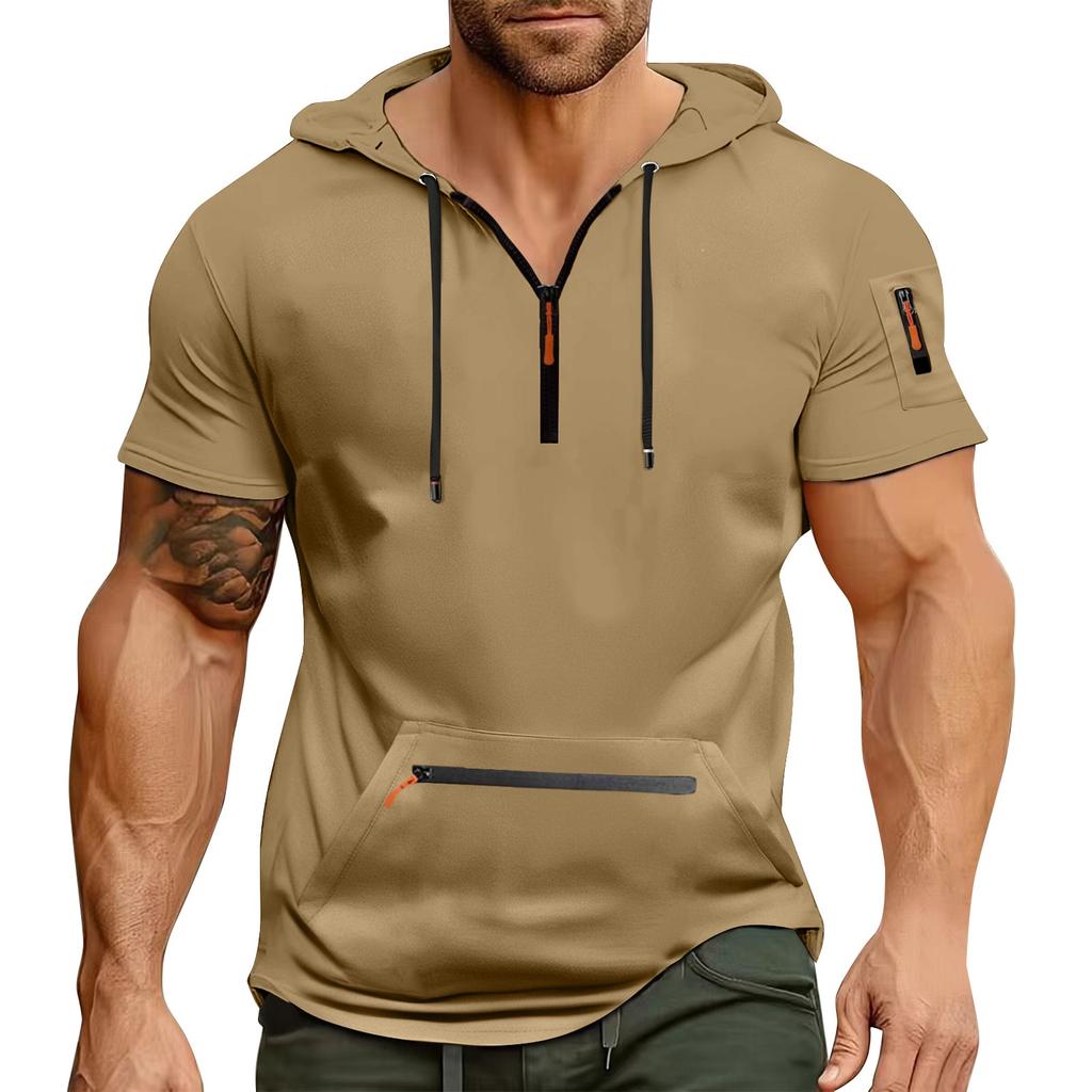 Мужская летняя рубашка с карманом на молнии, коротким рукавом, с капюшоном, мужская спортивная повседневная толстовка большого размера