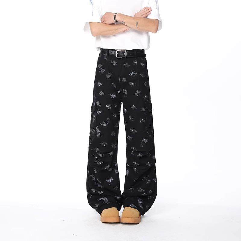 Trend Floral Pleated Wide-leg Jeans Men's and Women's Mid-waist Design Sense Large Pockets Loose and Thin Straight Floor Pants