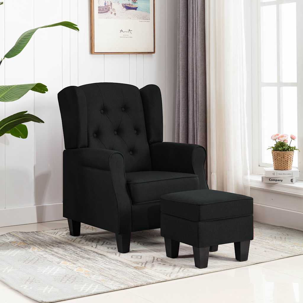 Armchair with Footstool Black Fabric