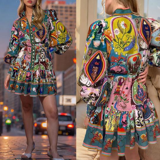 Fall Summer Women Dress Stand Collar Single-breasted Long Lantern Sleeves Slim Waist Vintage Ruffle Edge Colorful Print Mini Dress