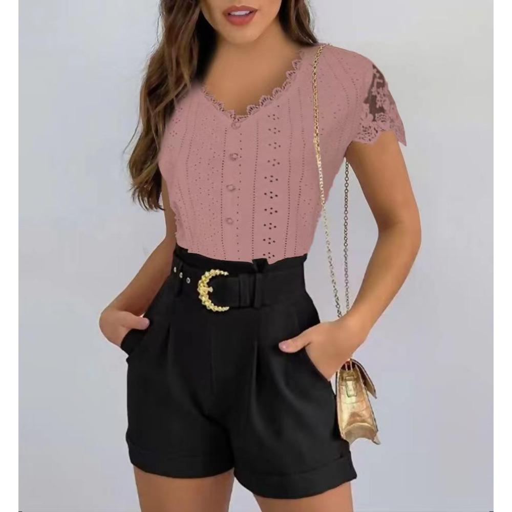 Summer New Elegant Fashion Chic T-shirt Women Basic Straight Solid Short Sleeve V Neck Hollow Lace Top