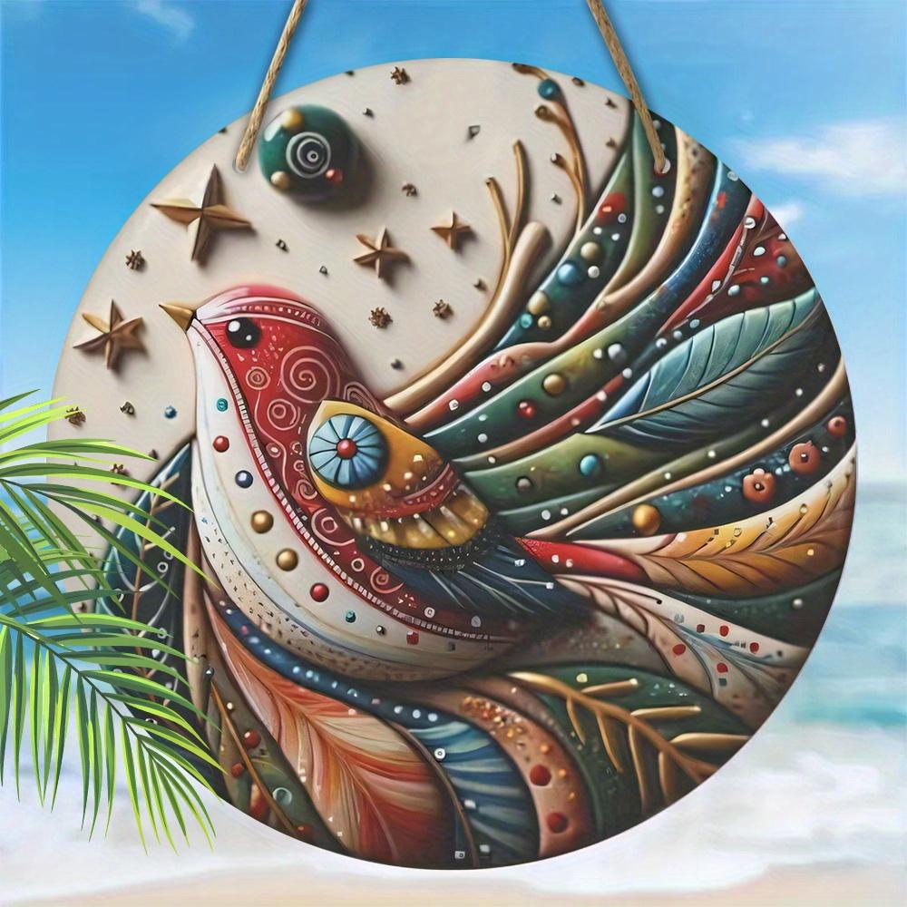 Wood 1pc 2D Colored Feather Bird Stars Wooden Porch Wreath Hanging Print Sign for Sports Fans Painting Home Fence for Door, Wall, Home, Room