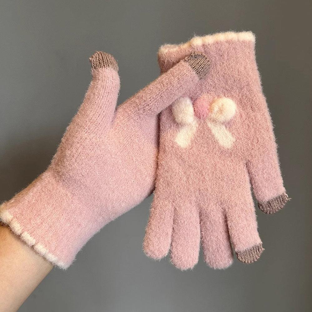 Bowknot Women Knitted Gloves Thicken Warmth Warm Mittens Elastic Winter Gloves