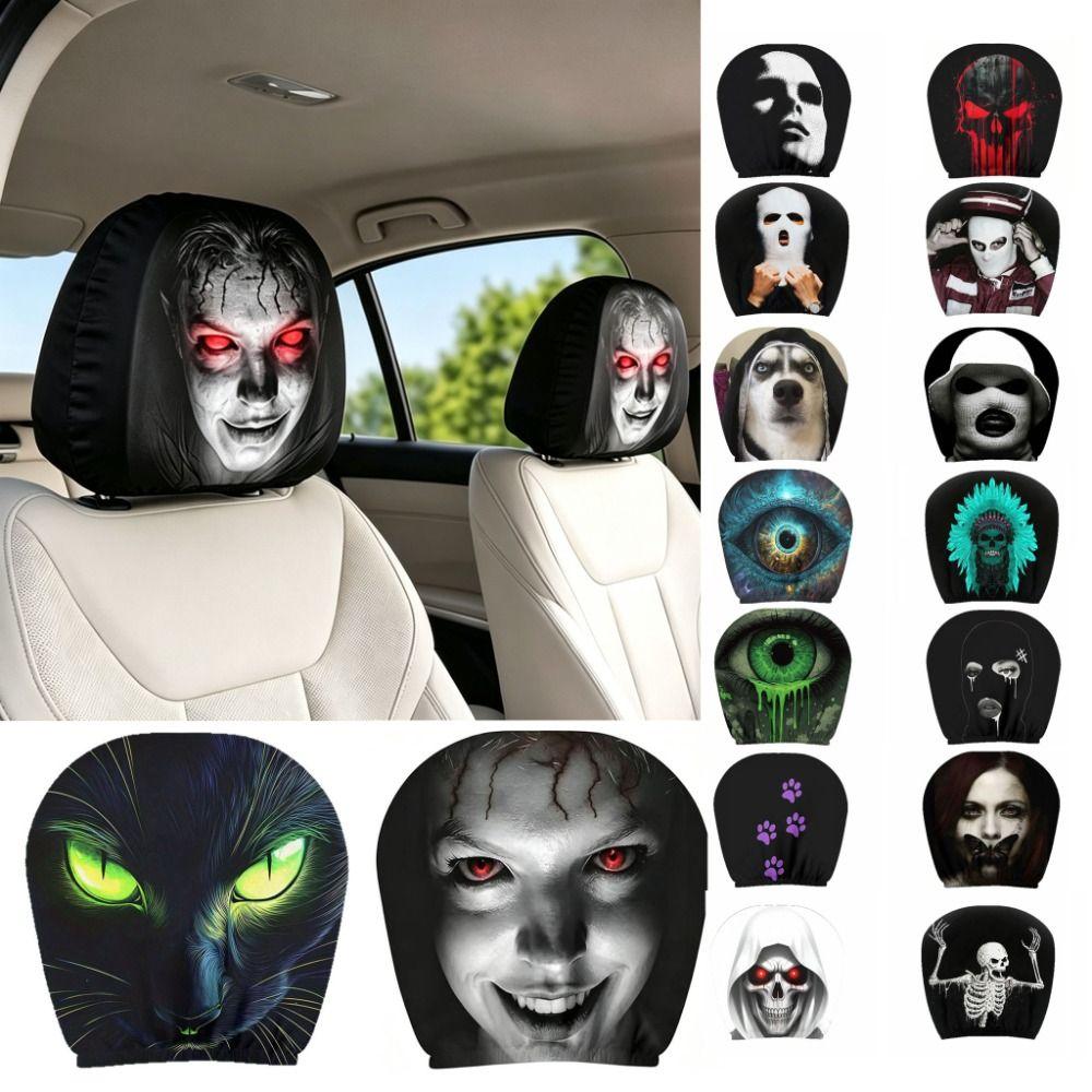 2 Pcs Ghost Headrest Covers 2D Stretch Neck Pillowcase Terrifying Car Interior Decor Universal Fit
