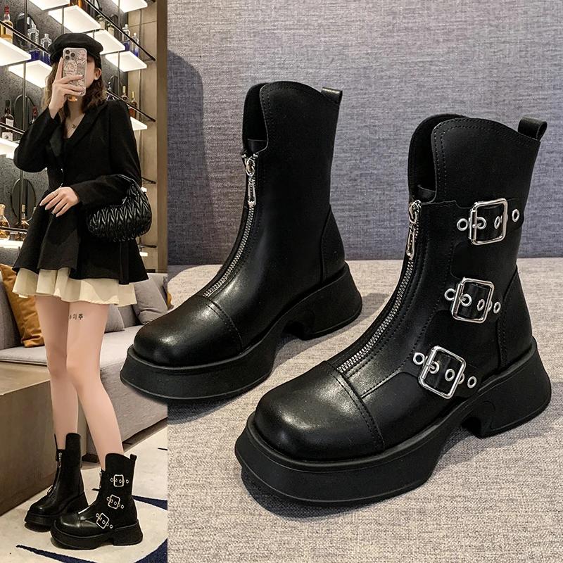 Fashion High Quality Shoes for Women 2024 Autumn Metal Belt Buckle Design Women's Punk Boots Waterproof Anti-slip Thick Sole Zipper Boot