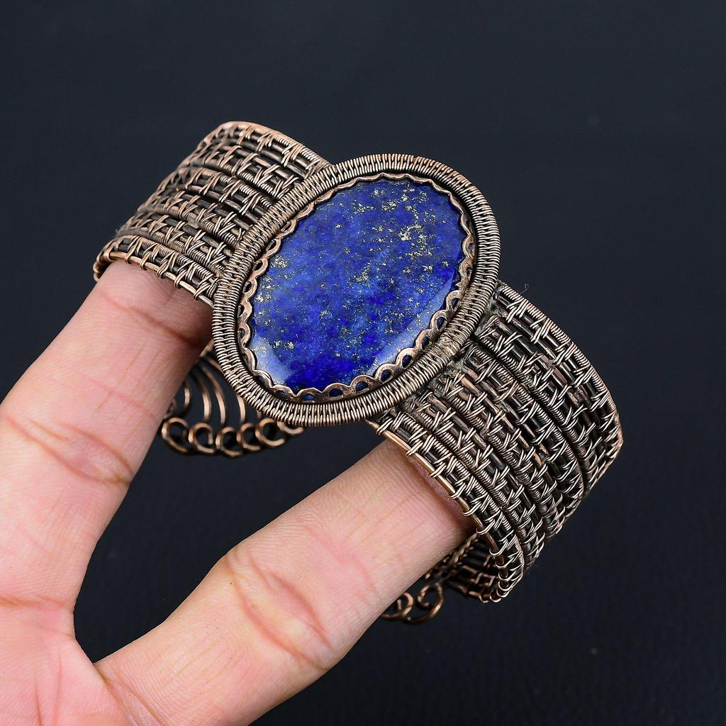 Красивый лазурит, драгоценный камень, чистая медная проволока, завернутая в манжеты/браслет ручной работы, ювелирные изделия