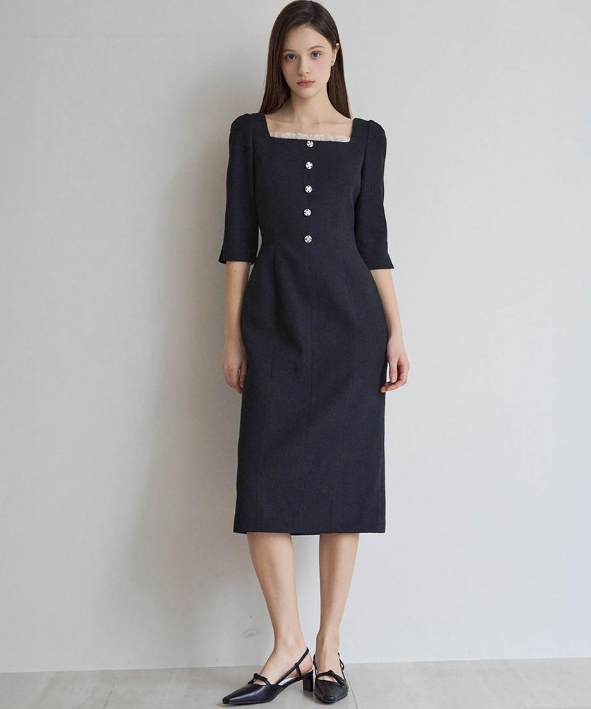 Julie And Kara 25Ss Collar 112 One Fine Day Moir Tweed Dress Black