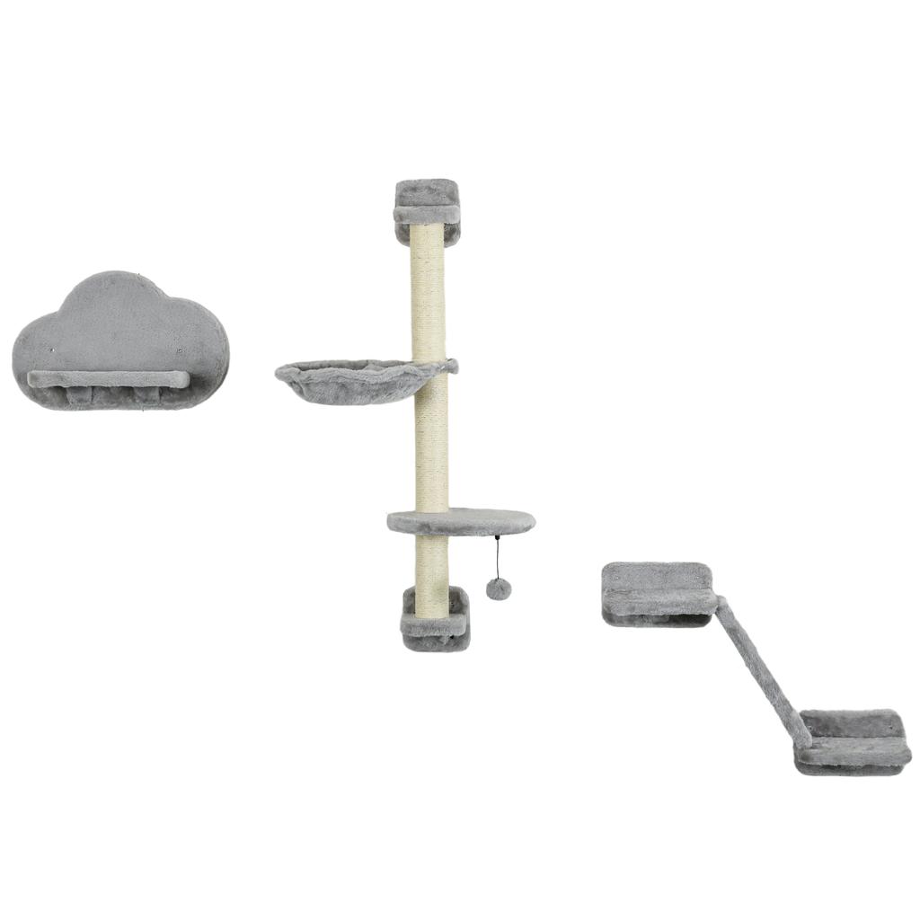 Three Piece Wall Mounted Cat Shelves With Hammock Ladder Platforms Scratching Post Grey