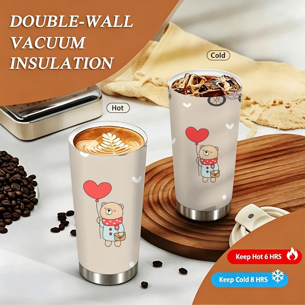 Cute Bear Cycling Heart Balloon Pattern Insulated Coffee Tumbler Stainless Steel Travel Mug Reusable Cup for School Office Daily