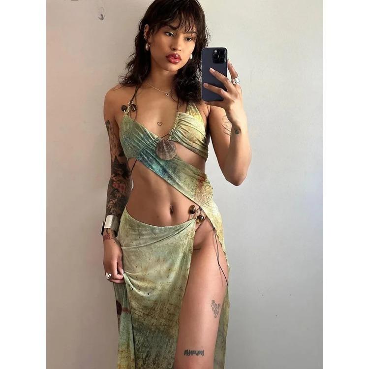 Эстетичный комплект из двух предметов с принтом, женский, с бретелькой через шею, нестандартная майка + высокие боковые разрезы, макси-юбки, женские наряды для отпуска