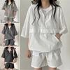 2 Pcs/Set Women Hoodie Shorts Set Half Zipper Hooded Three-quarter Sleeve Loose Big Pocket