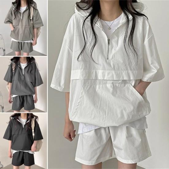 2 Pcs/Set Women Hoodie Shorts Set Half Zipper Hooded Three-quarter Sleeve Loose Big Pocket